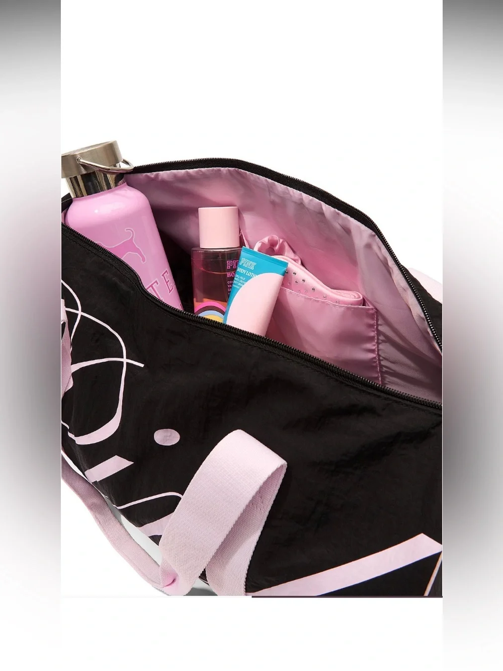 PINK Victoria's Secret Black and Light Pink Logo Duffle with Towel